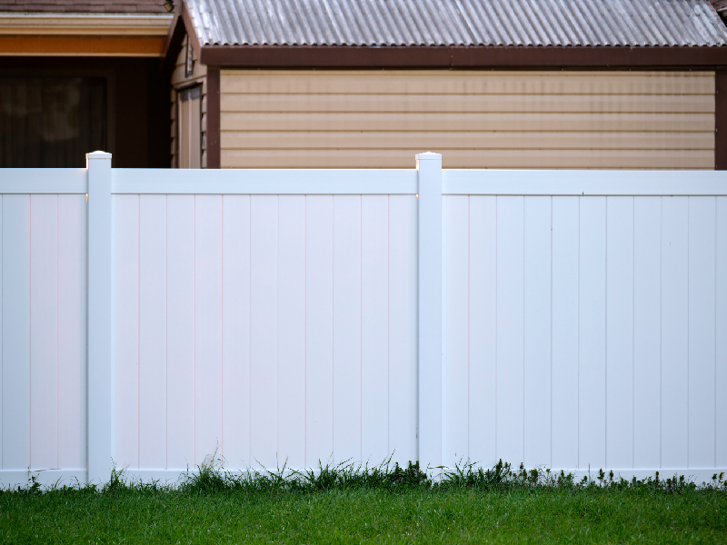 A white vinyl privacy fence installed along a backyard lawn, positioned in front of a residential shed structure.