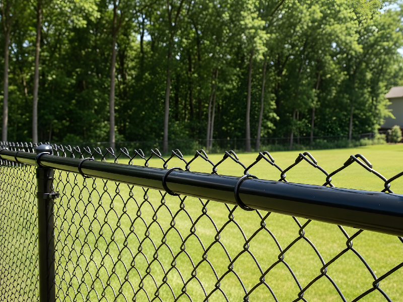 A black vinyl-coated chain link fence enclosing a green grass yard with a dense backdrop of trees.