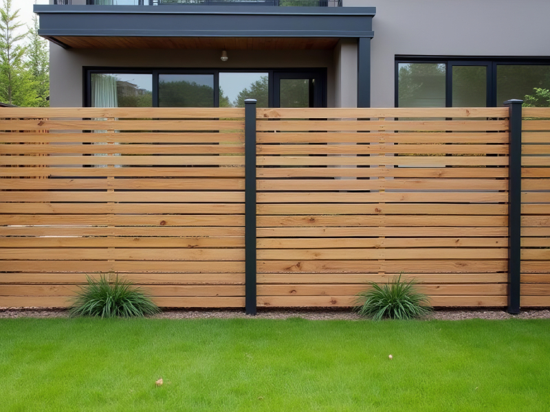 Modern horizontal natural wood slat fence with black metal posts set along a green lawn in front of a contemporary home.